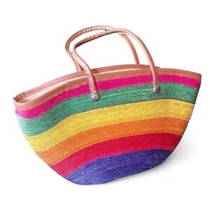 Vintage Straw Beach Bag or Shoulder Tote Purse with Double Handles & Zip Closure